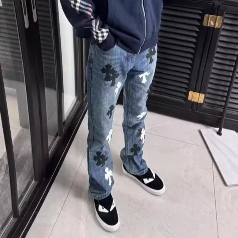 蓝色克罗心牛仔裤男款春秋美式高街十字架直筒裤潮牌修身显瘦裤子