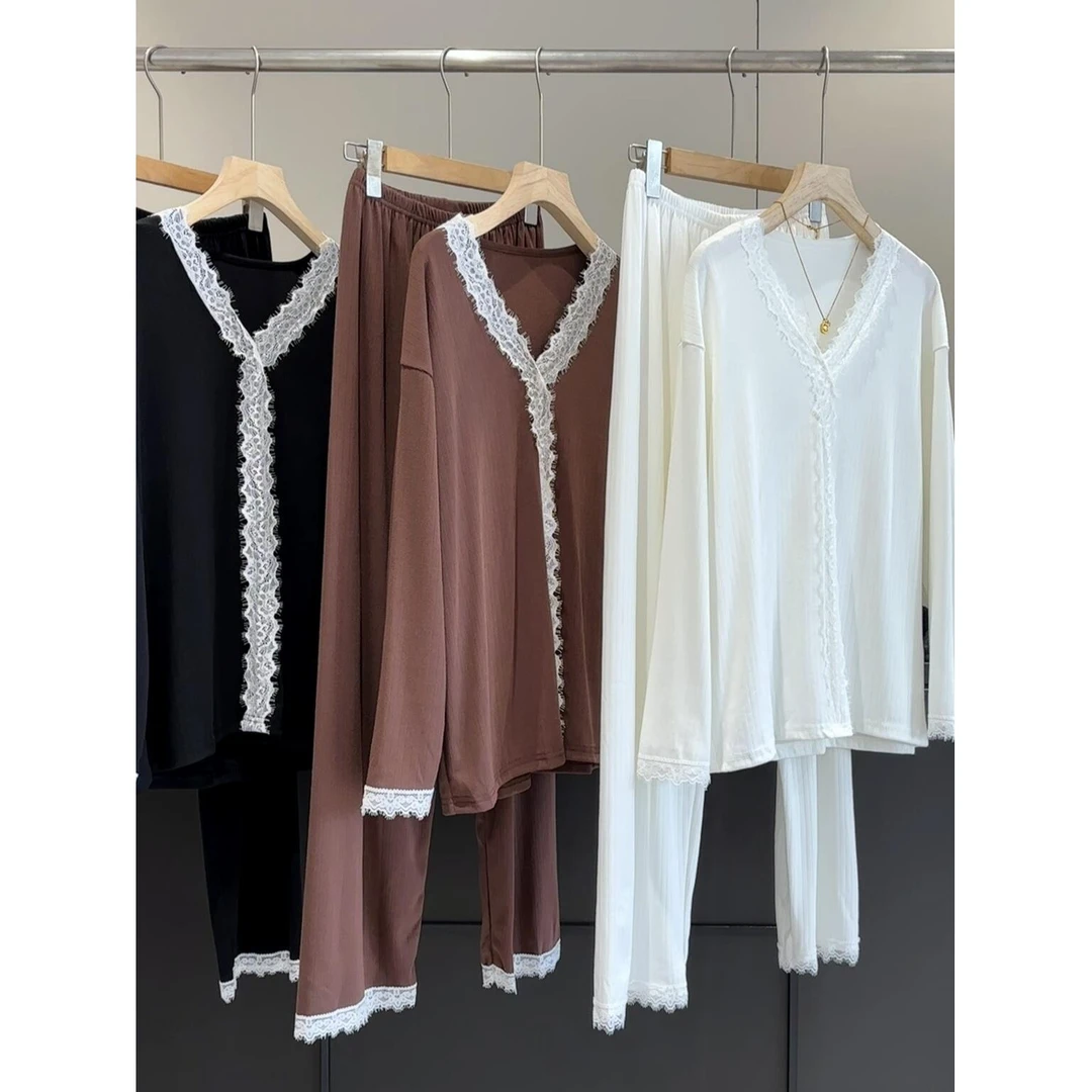 3508 蕾丝花边睡衣女V领长袖长裤休闲家居服套装两件套