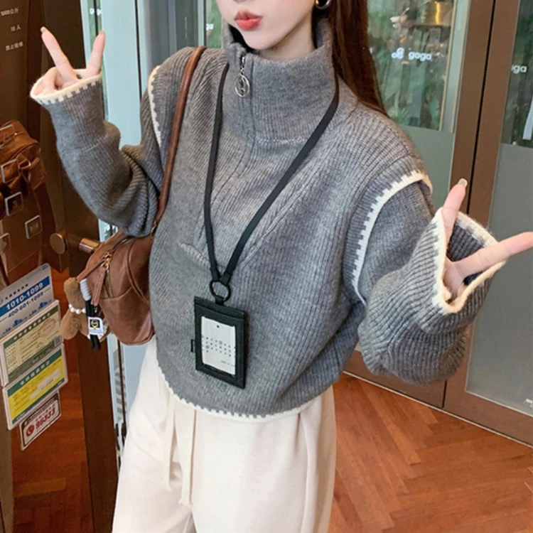 设计感洋气减龄半拉链撞色毛衣2025秋冬新韩版宽松秋冬半高领毛衣
