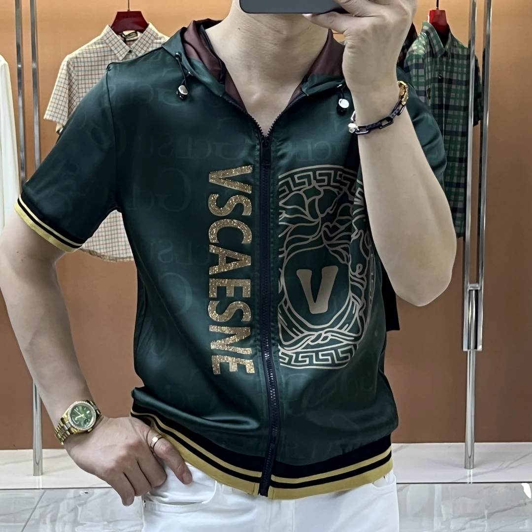 短袖印花连帽T恤夏季休闲连帽开衫上衣帅气字母薄款潮流个性时尚