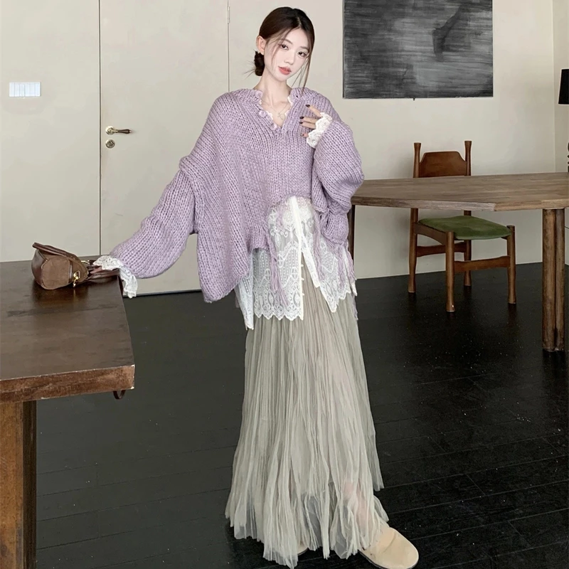 三件套 2024秋冬慵懒超厚手工编织下摆不规则流苏毛衣+纱裙套装