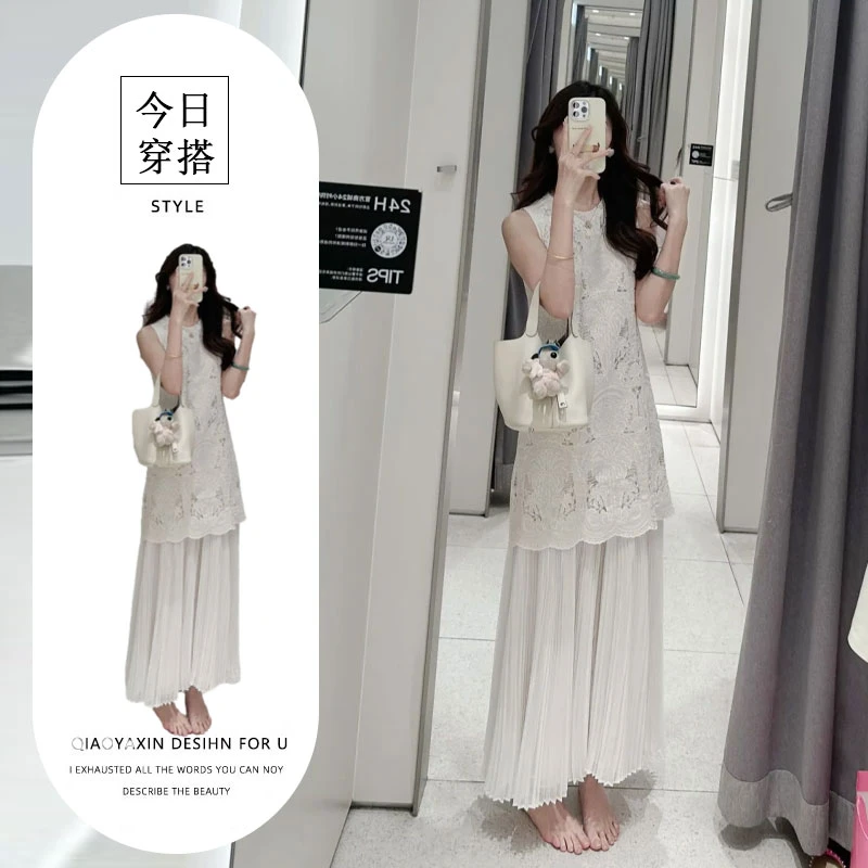 无袖背心连衣裙女款2025新款高级感气质蕾丝百褶裙夏日绝美小裙子
