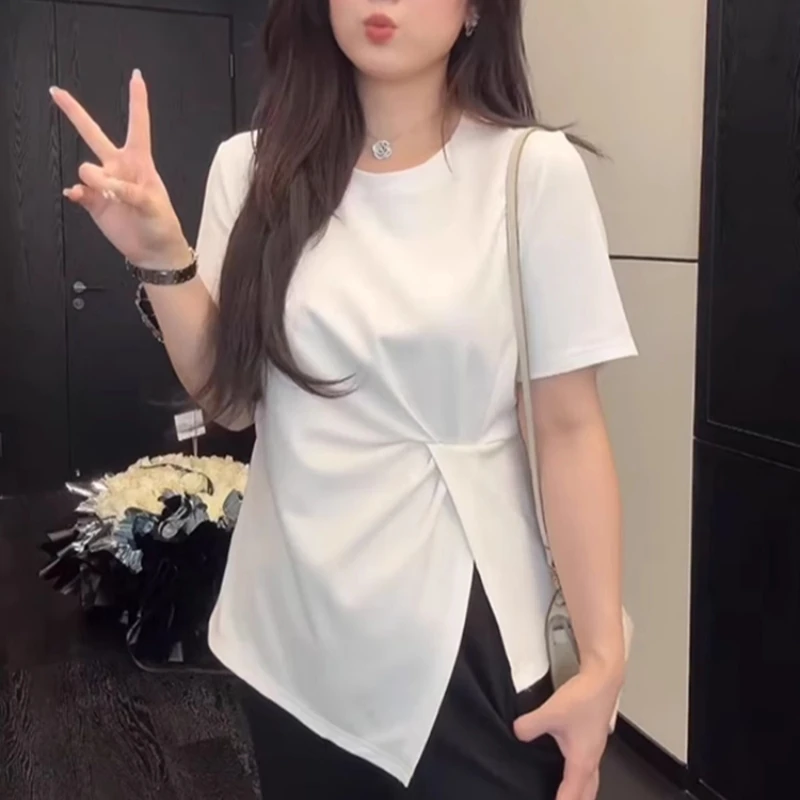 不规则褶皱开叉圆领短袖上衣女装夏季大码设计感百搭遮肉显瘦t恤