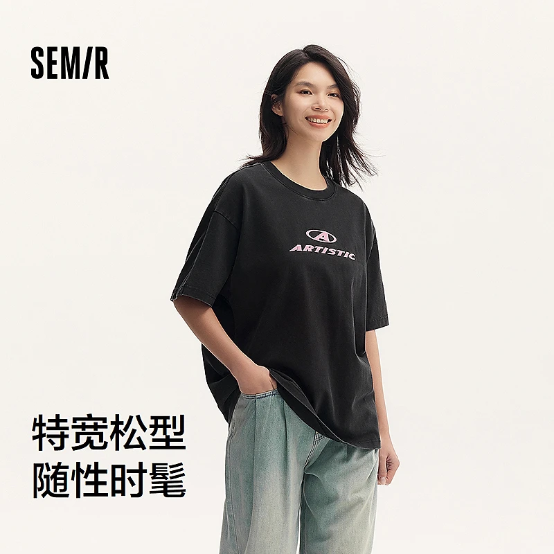 森马短袖T恤女中长款oversize慵懒做旧潮酷街头