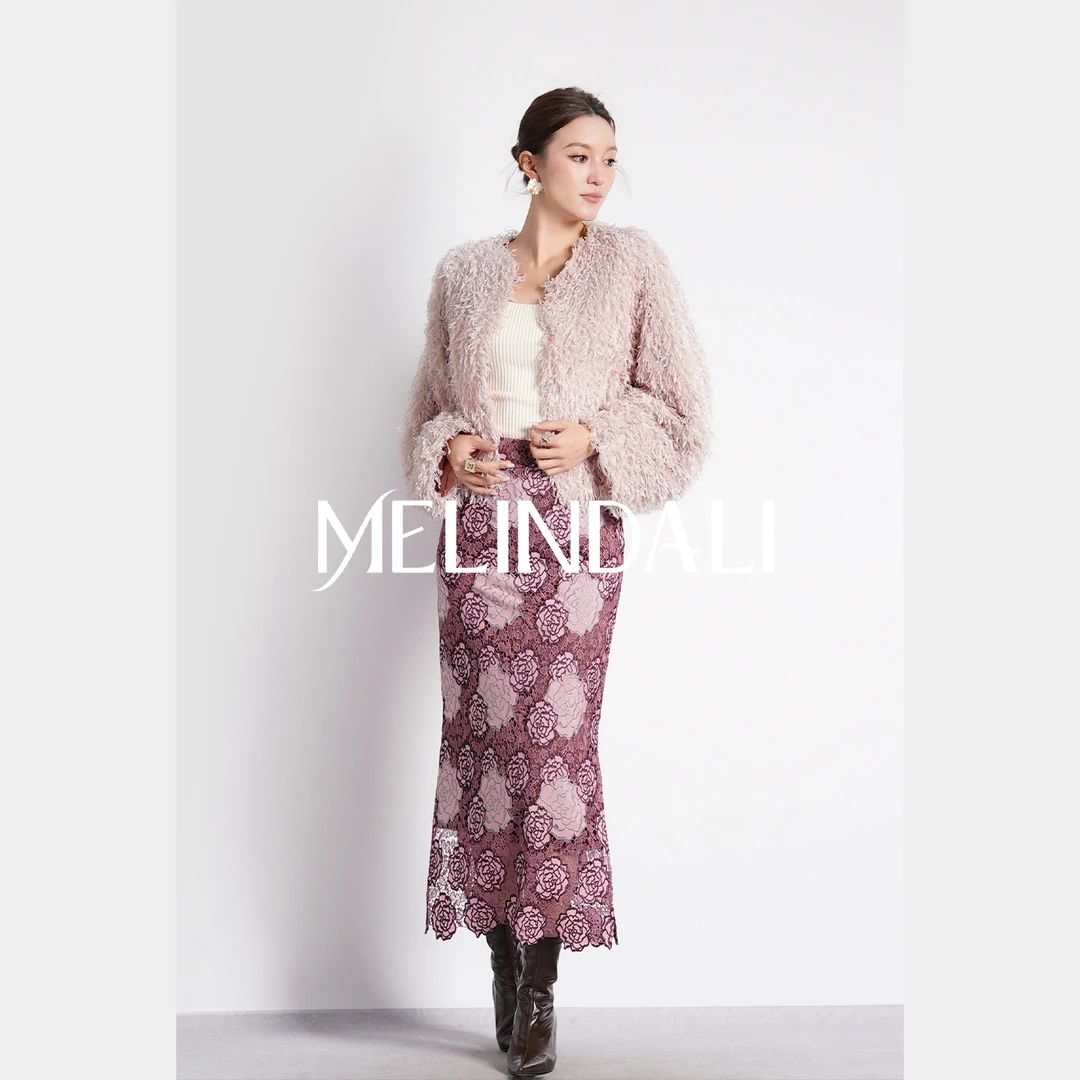 Melinda Li【东方花境】新中式玫瑰蕾丝绣花合体包臀开衩中长款半