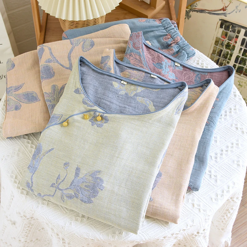 SUJIANGNIAO女珍珠扣色织提花国风睡衣女春四季薄款圆领套头家居