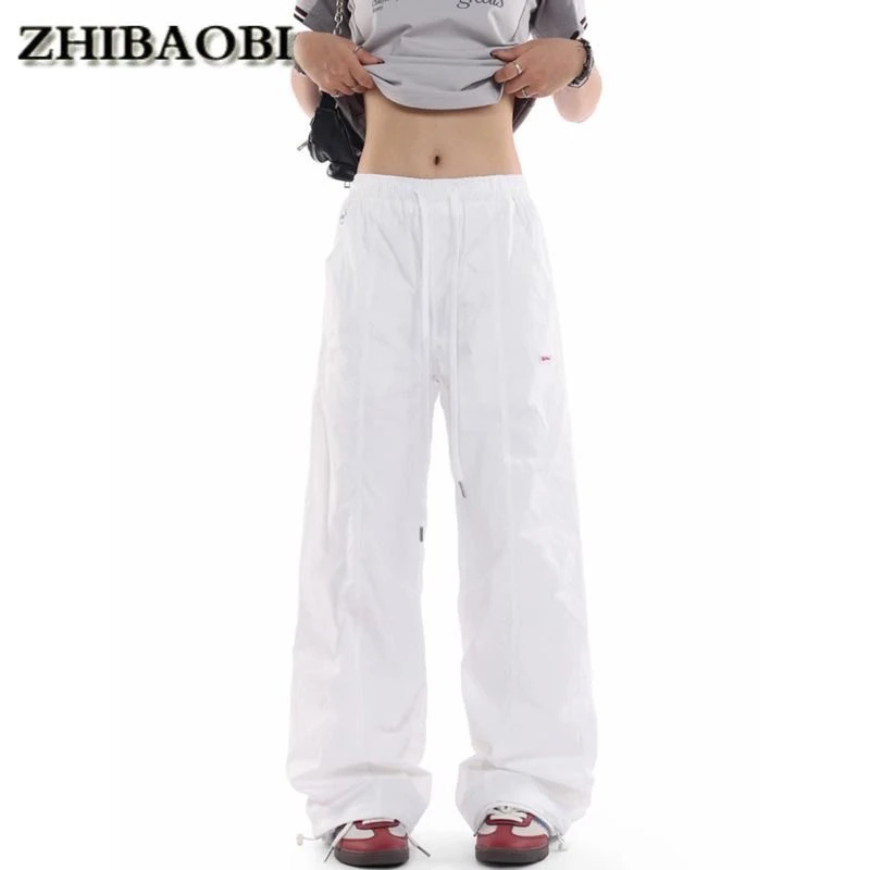 美式街头白色伞兵裤女春夏束脚小众宽松百搭抽绳休闲工装阔腿裤子