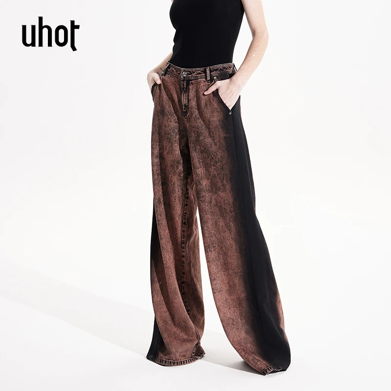 UHOT 黑色直筒复古休闲美式高街宽松复古百搭水洗牛仔裤UWWS1K028