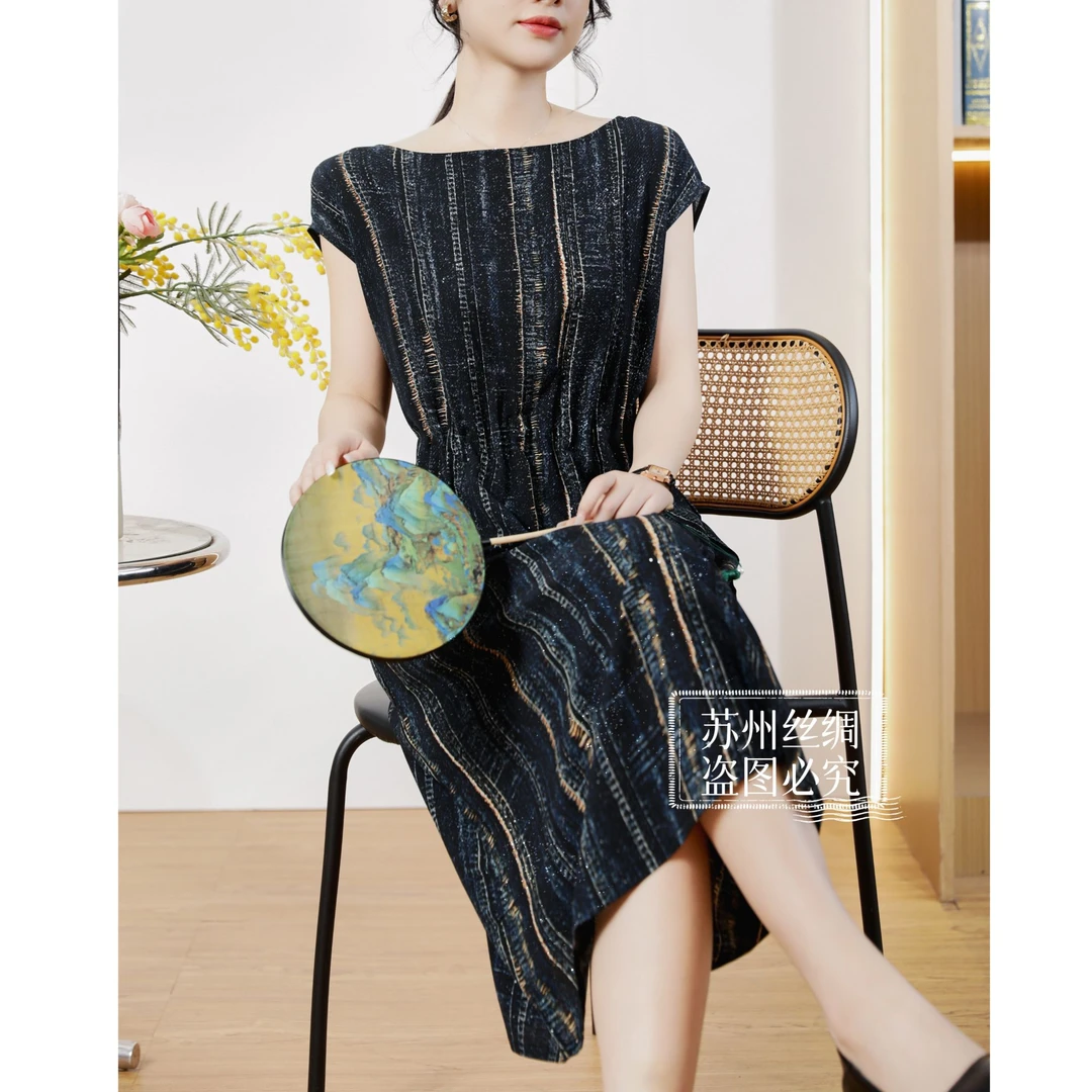 Y1166高级感落肩袖竖条纹显瘦连衣裙夏一字领名媛风时尚裙子