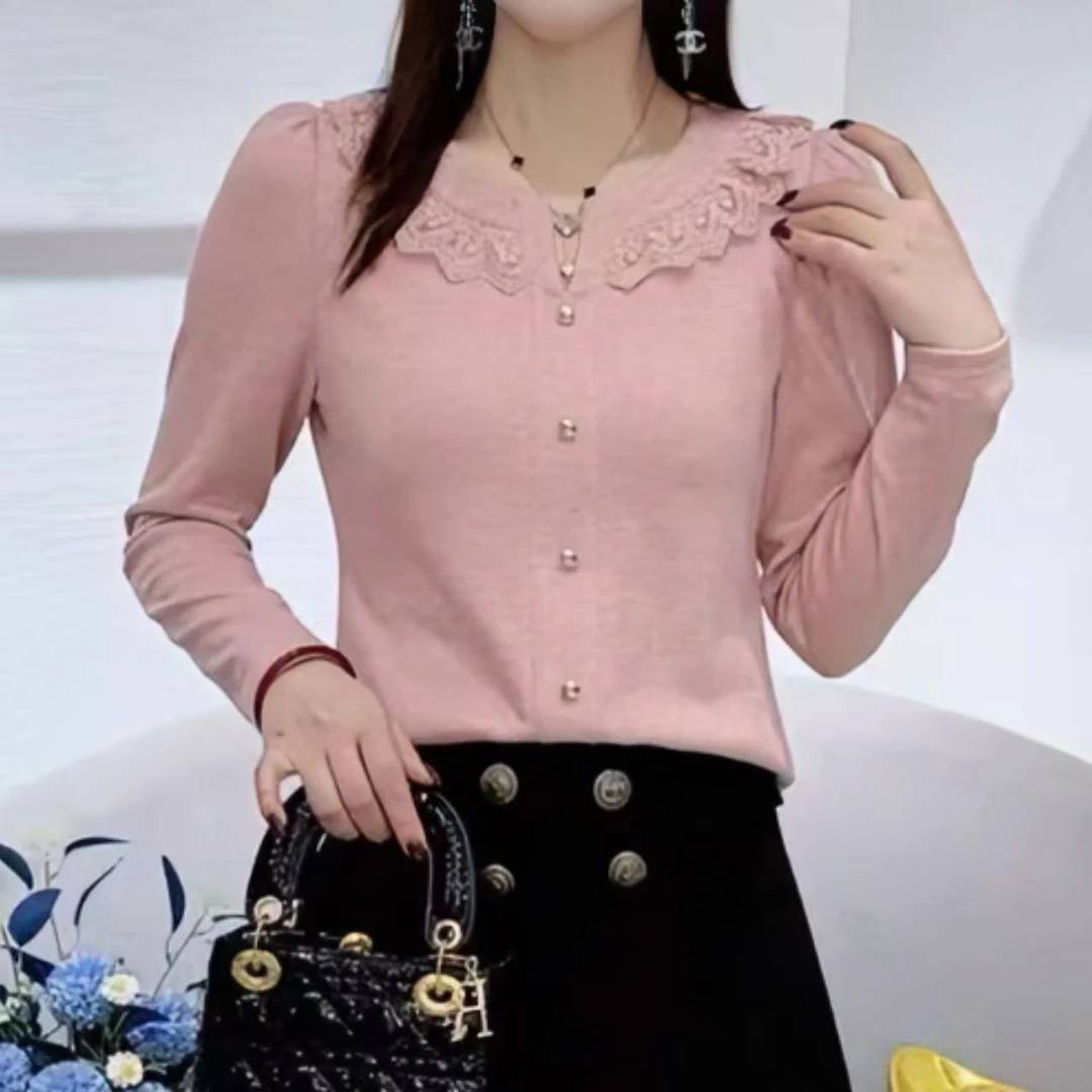 2025秋季新款圆领长袖T恤女花边显瘦减龄百搭洋气小衫气质上衣潮