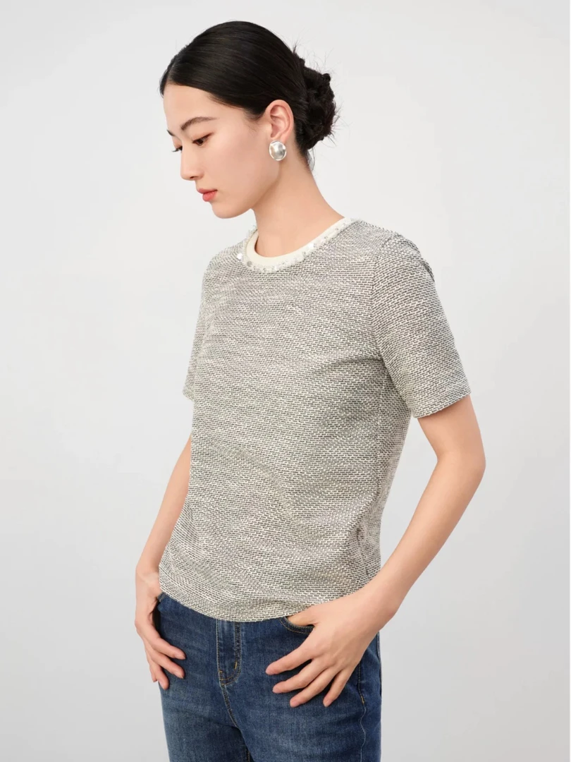 D-1228【玖】夏季新款 小香风肌理感亮丝提花钉珠短袖T恤女2110