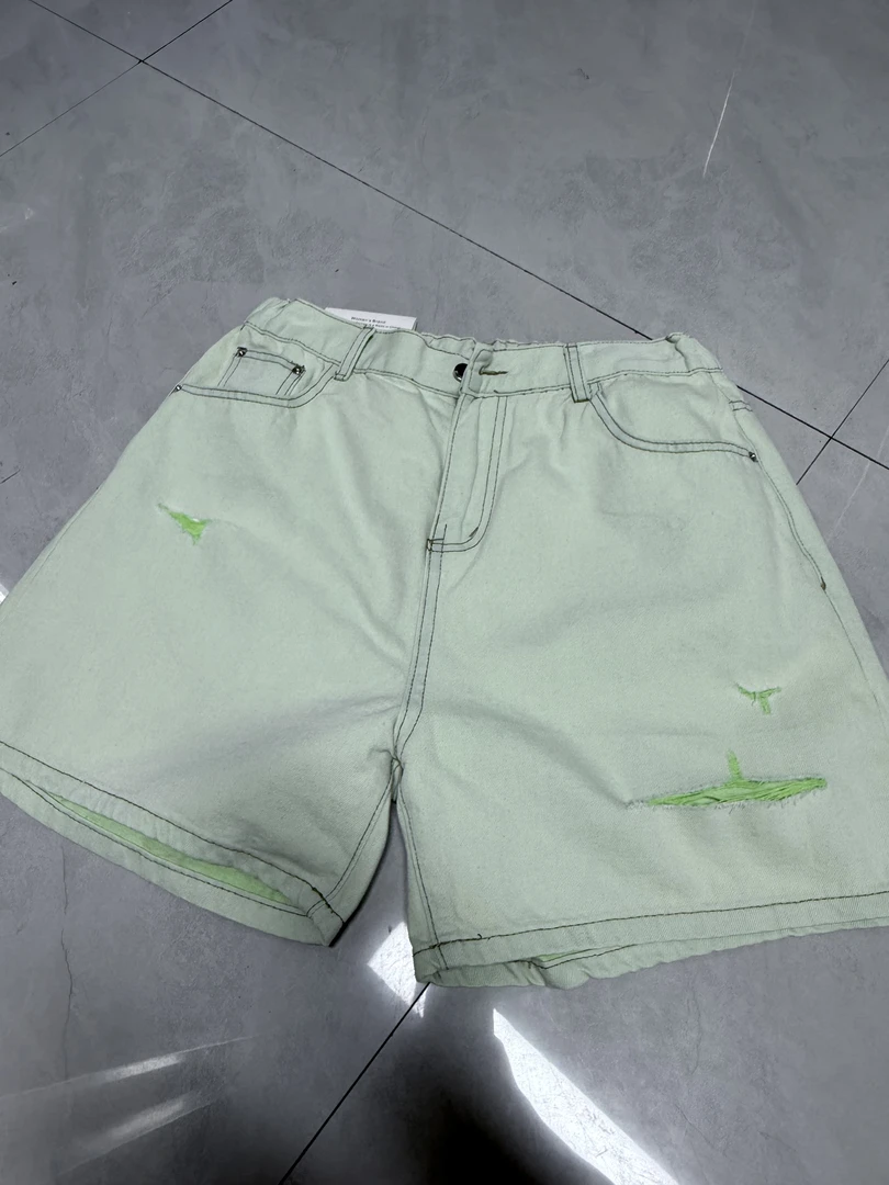 夏季新款软牛仔高腰短裤青草绿--8138