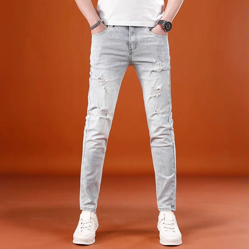 轻奢破洞男士牛仔裤男款爆款2025新款夏季薄款修身小脚高端长裤子