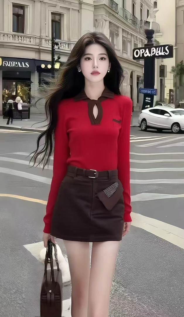 新款早秋氛围感穿搭小香风红色修身长袖上衣+咖色包臀半身裙套装