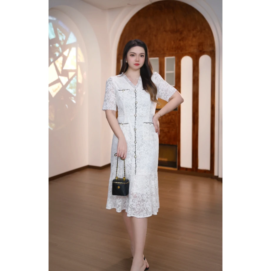 【午寂】显瘦法式小香风亮片蕾丝连衣裙 X52L422