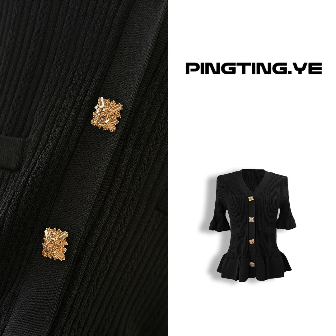 PINGTING.YE法式V领荷叶边喇叭袖修身时髦针织开衫82615