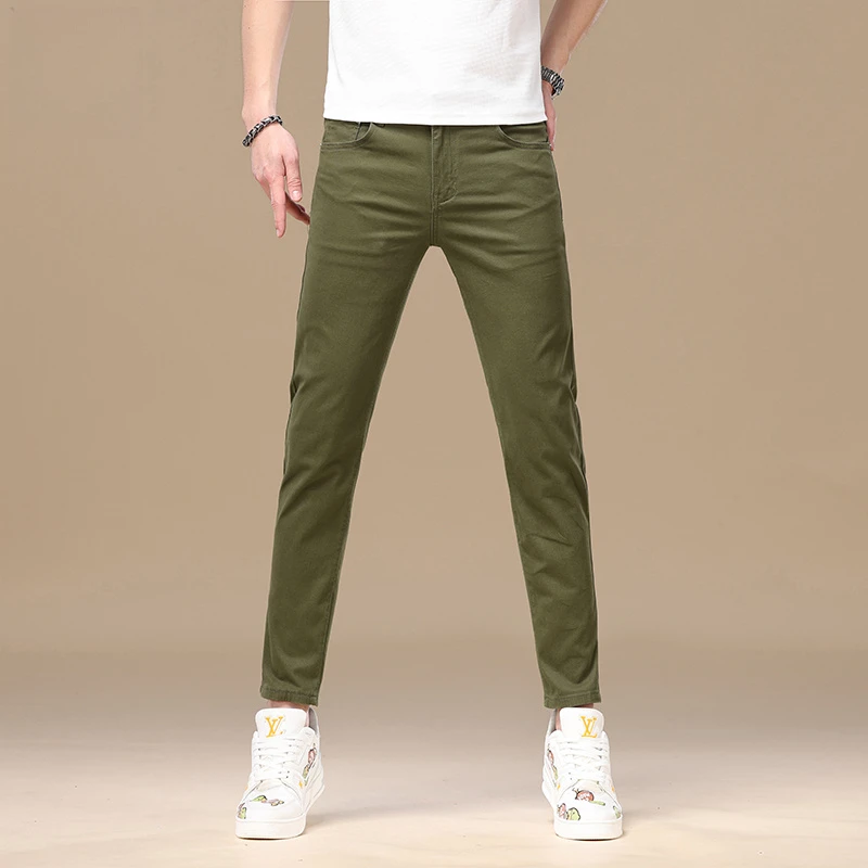 高端军绿色2025夏季新款九分牛仔裤男薄款修身小脚弹力裤