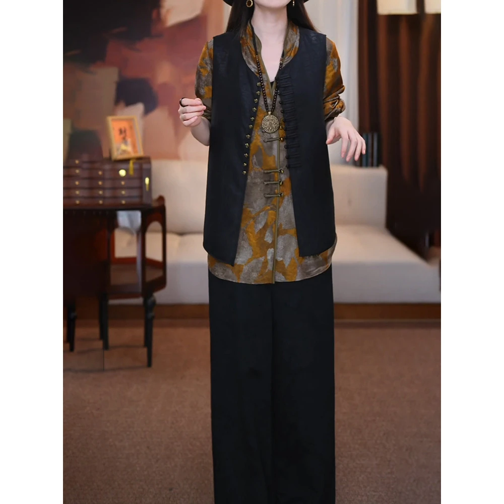 新中式百搭轻奢套装女2025秋新洋气减龄纯色马甲+印花衬衫+休闲裤