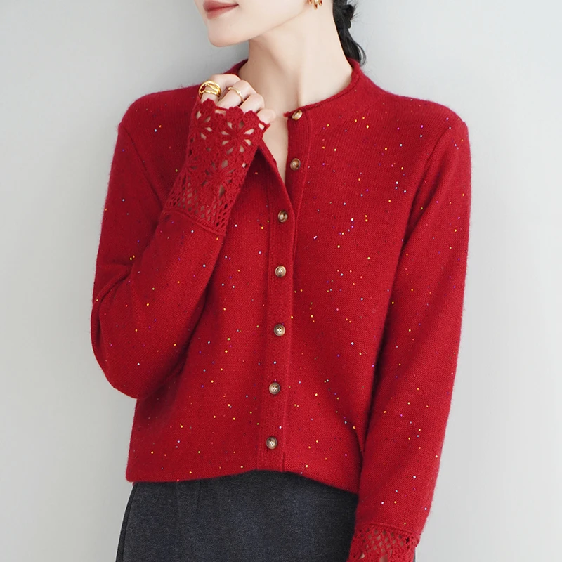 品牌撤柜正品长袖圆领开衫女款冬季镂空毛针织衫上衣时尚气质上衣