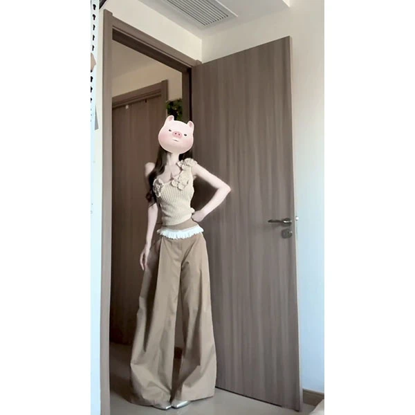 法式不对称斜肩针织上衣女夏立体镂空花朵短款吊带背心裤子套装