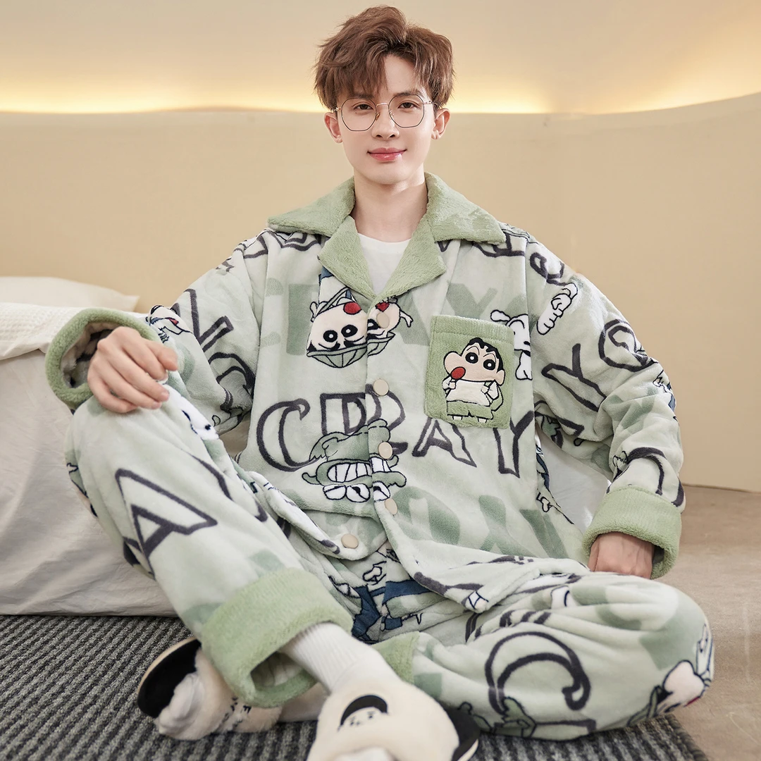 秋冬季睡衣男士珊瑚绒加厚加绒加大码男款法兰绒秋冬款家居服套装