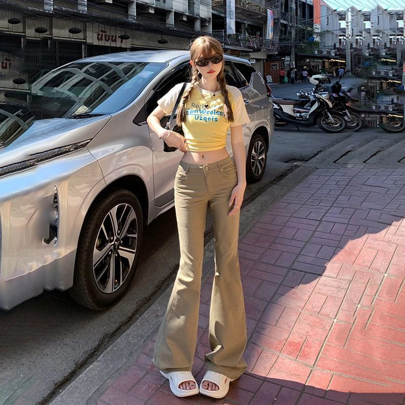 新款卡其色微喇牛仔裤女2025春夏百搭修身显瘦低腰弹力拖地喇叭裤