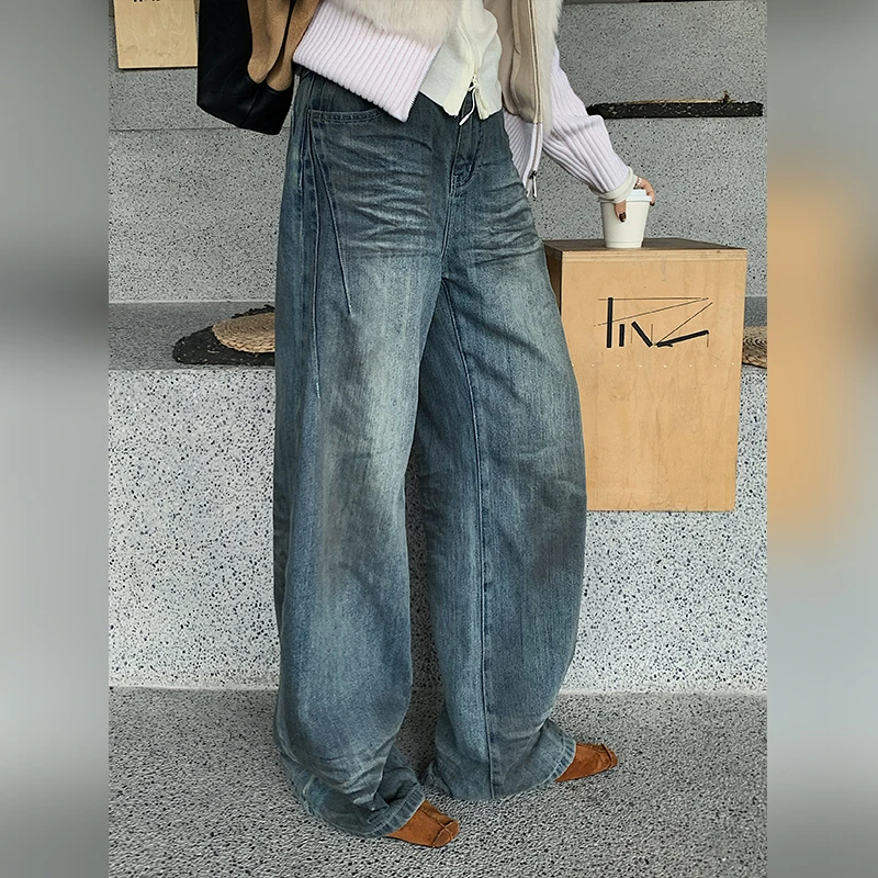 十三粥私服 特别 复古做旧猫须纹直筒牛仔裤女秋宽松显瘦时尚百搭