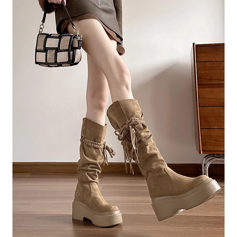 【官网小 C&K 旗舰店】流苏厚底长筒靴女 2025 秋新款显瘦不过膝废