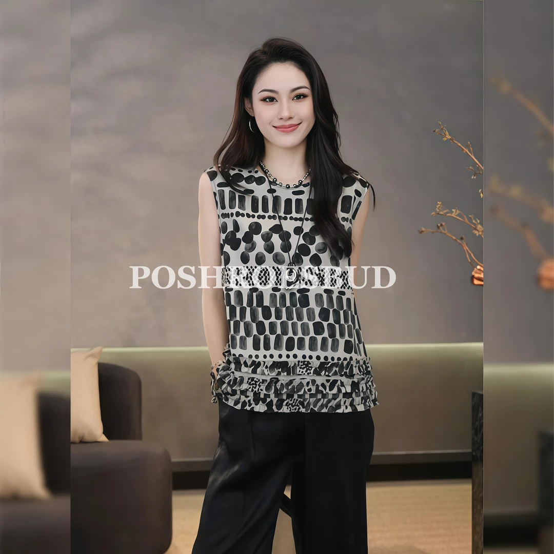 POSHROSEBUD【半夏清冷】天丝亚麻混纺复古波点印花上衣衫-LT0277