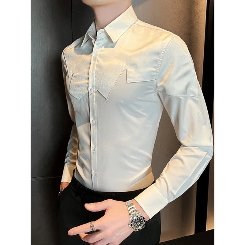 2025新款男士拼接印花长袖衬衫春秋季高级感痞帅衬衣商务休闲衬衫