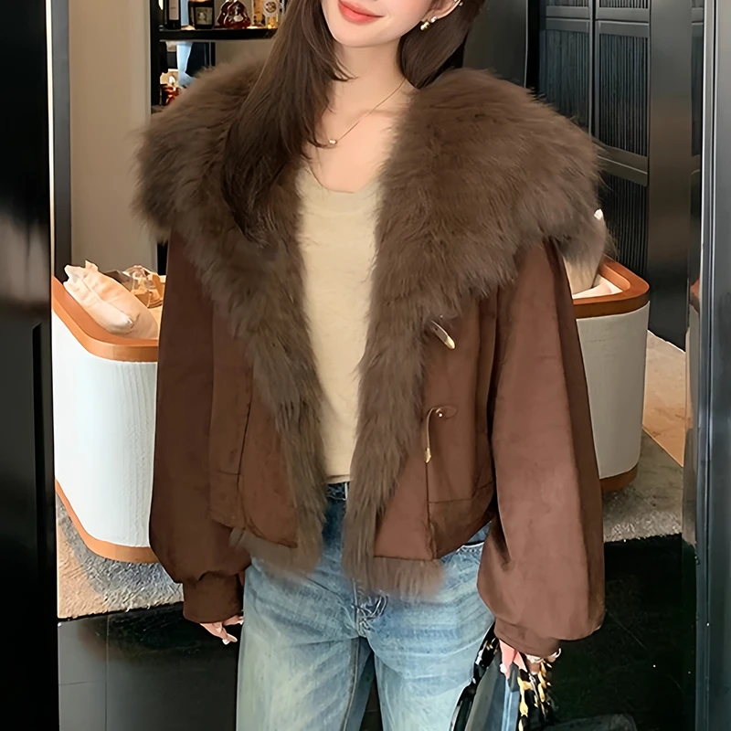 【栗子可可】2025冬季新款欧货大毛领毛绒外套女年轻款加厚棉服短款