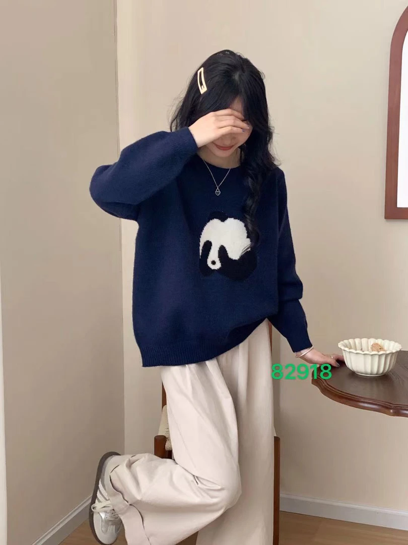 韩系女装植绒印花圆领长袖针织衫2024冬款宽松显瘦针织打底衫