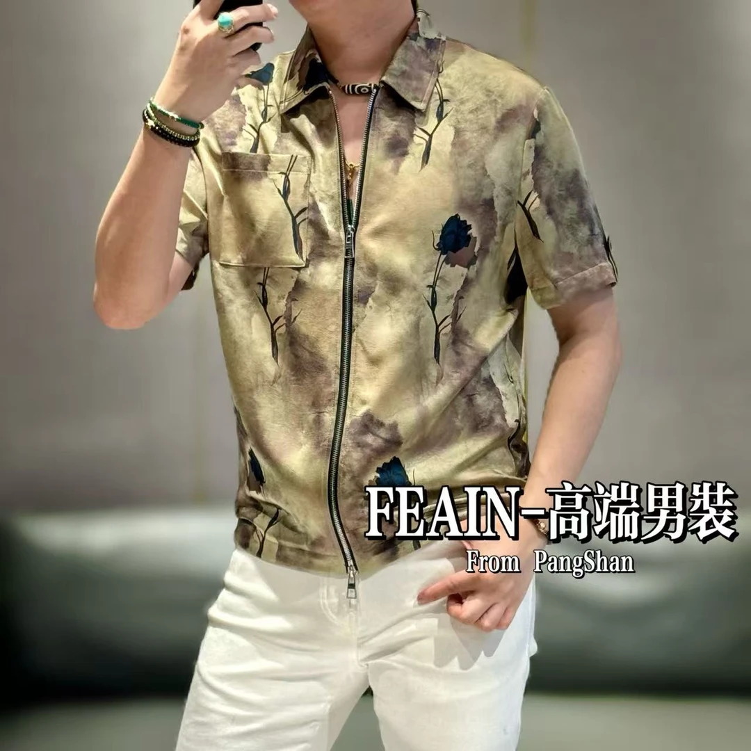 高端定制丝柔贡缎蓝色妖姬玫瑰花男士上下开拉链短袖夹克5203