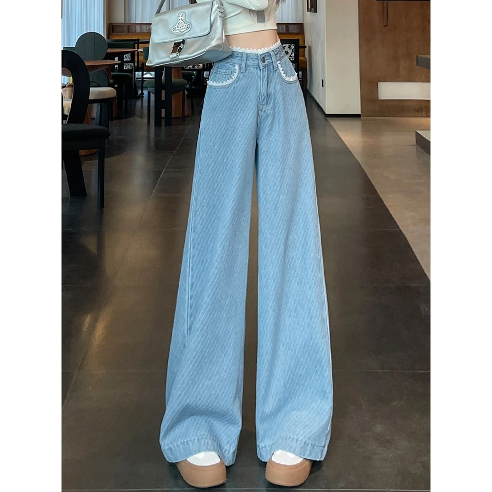 浅蓝蕾丝花边阔腿牛仔裤女春秋2025年新款爆款高腰显瘦时尚直筒裤
