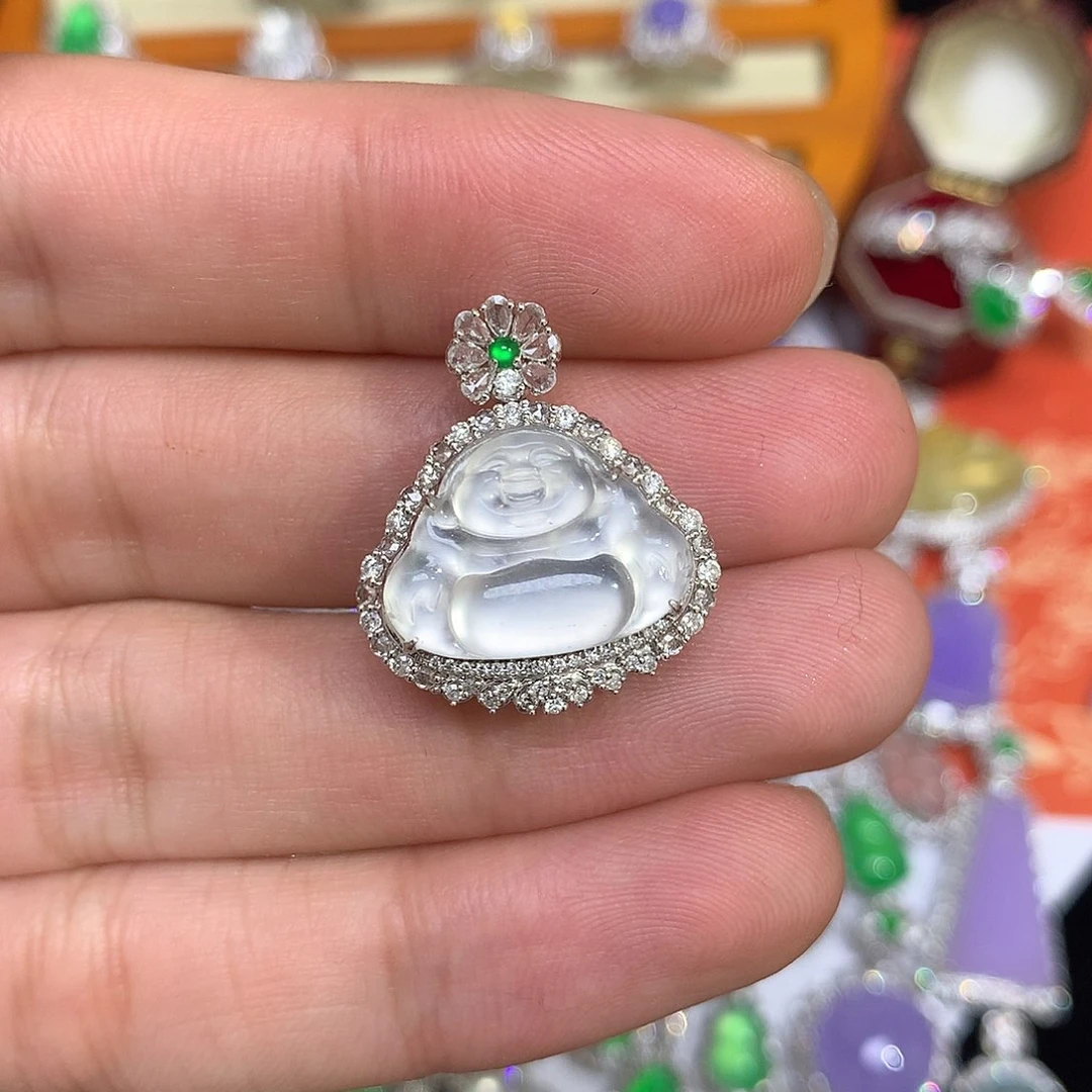 翡翠吊坠(不含链)18K金镶嵌白冰佛公