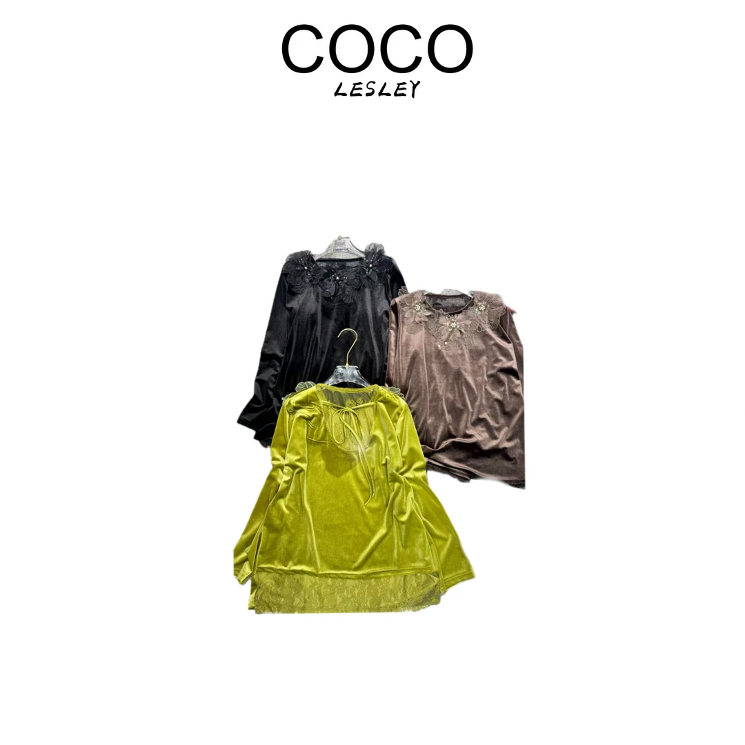 【COCO LESLEY】丝绒蕾丝拼接钉钻长袖打底上衣秋季新款T25065T