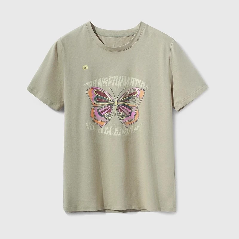 2025新款显瘦洋气前字母蝴蝶印花宽松圆领短袖T恤上衣