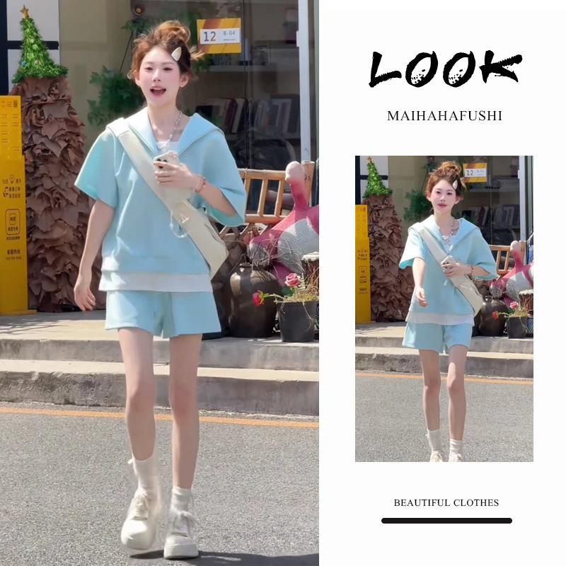 初夏一整套装女2025新款韩版甜美宽松运动短袖上衣显瘦短裤两件套