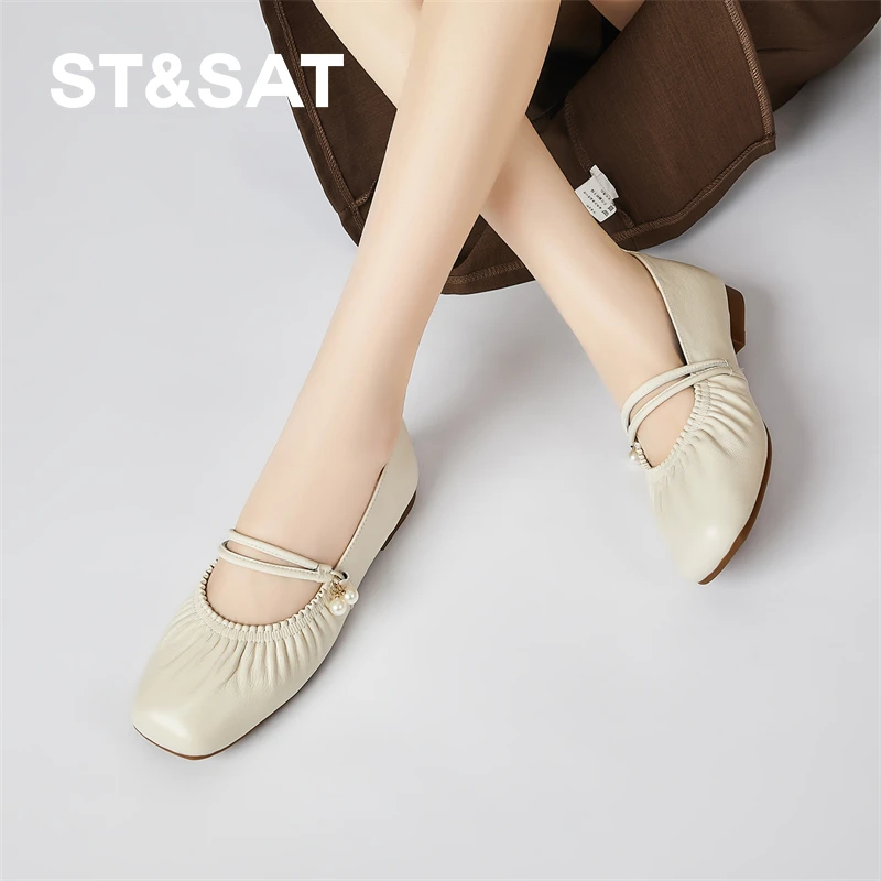 星期六女士夏季低跟时尚百搭休闲复古舒适套脚浅口透气方头单鞋