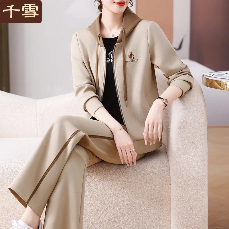 妈妈春装休闲连帽卫衣外套中老年人运动套装女2025新款春秋三件套