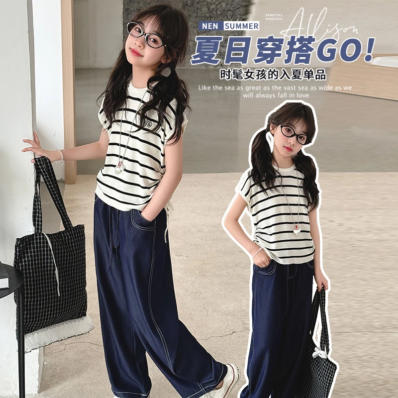 女童夏装套装韩版森系条纹无袖上衣2025新款中大童甜美休闲童装潮