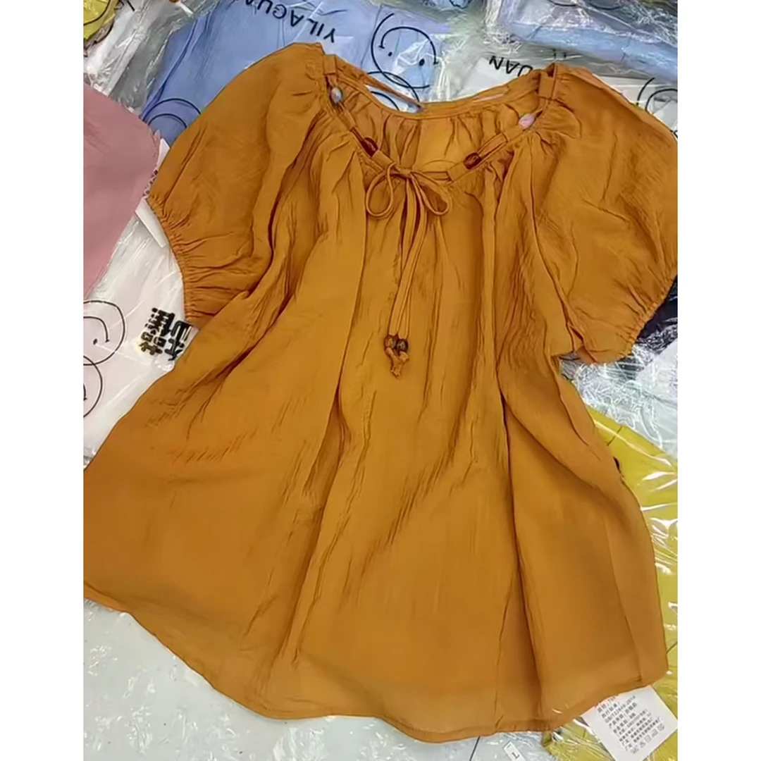 今年流行穿搭2025夏季新款温柔风抽绳绑带显瘦修身休闲风短袖上衣