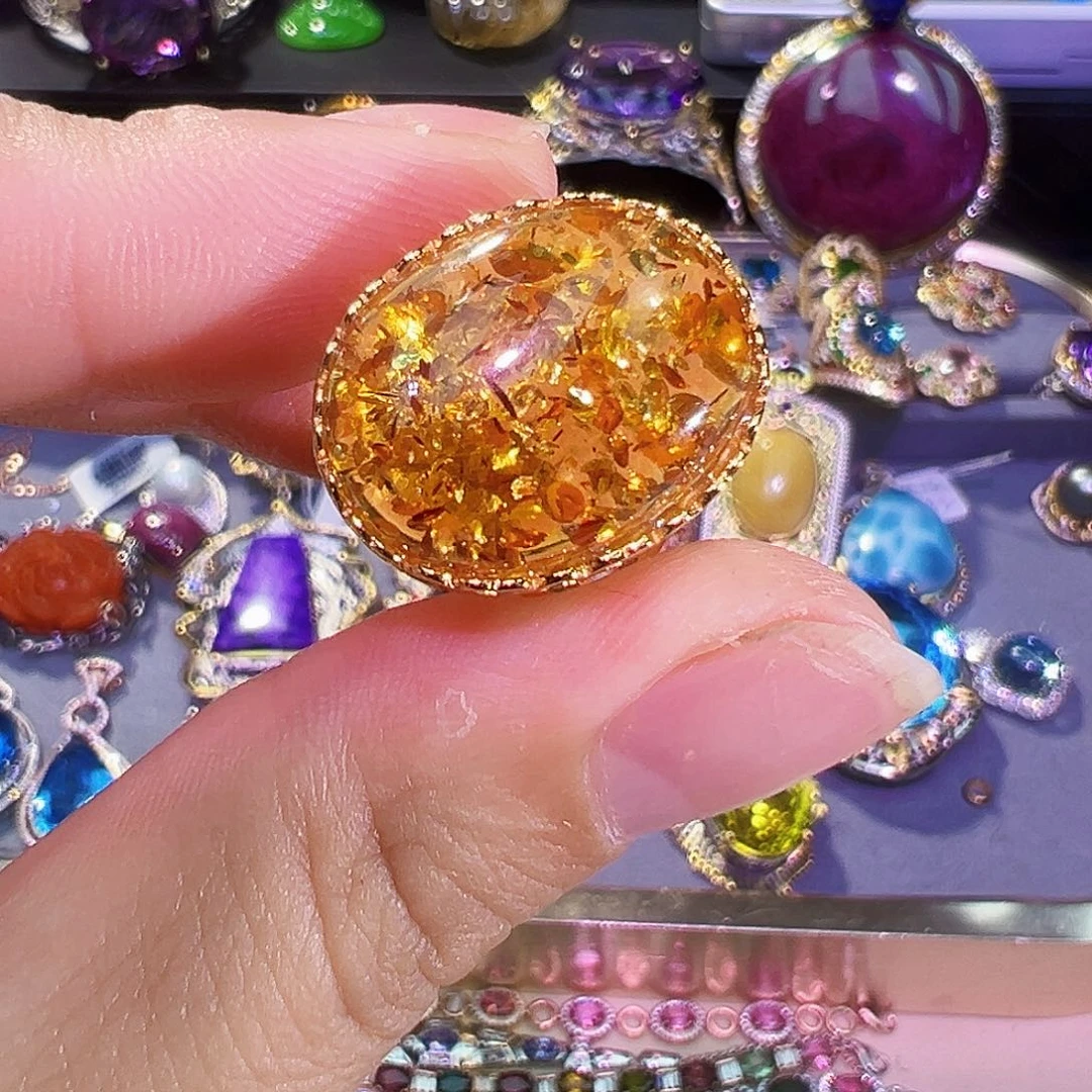 银S925镶嵌琥珀（花珀）戒指