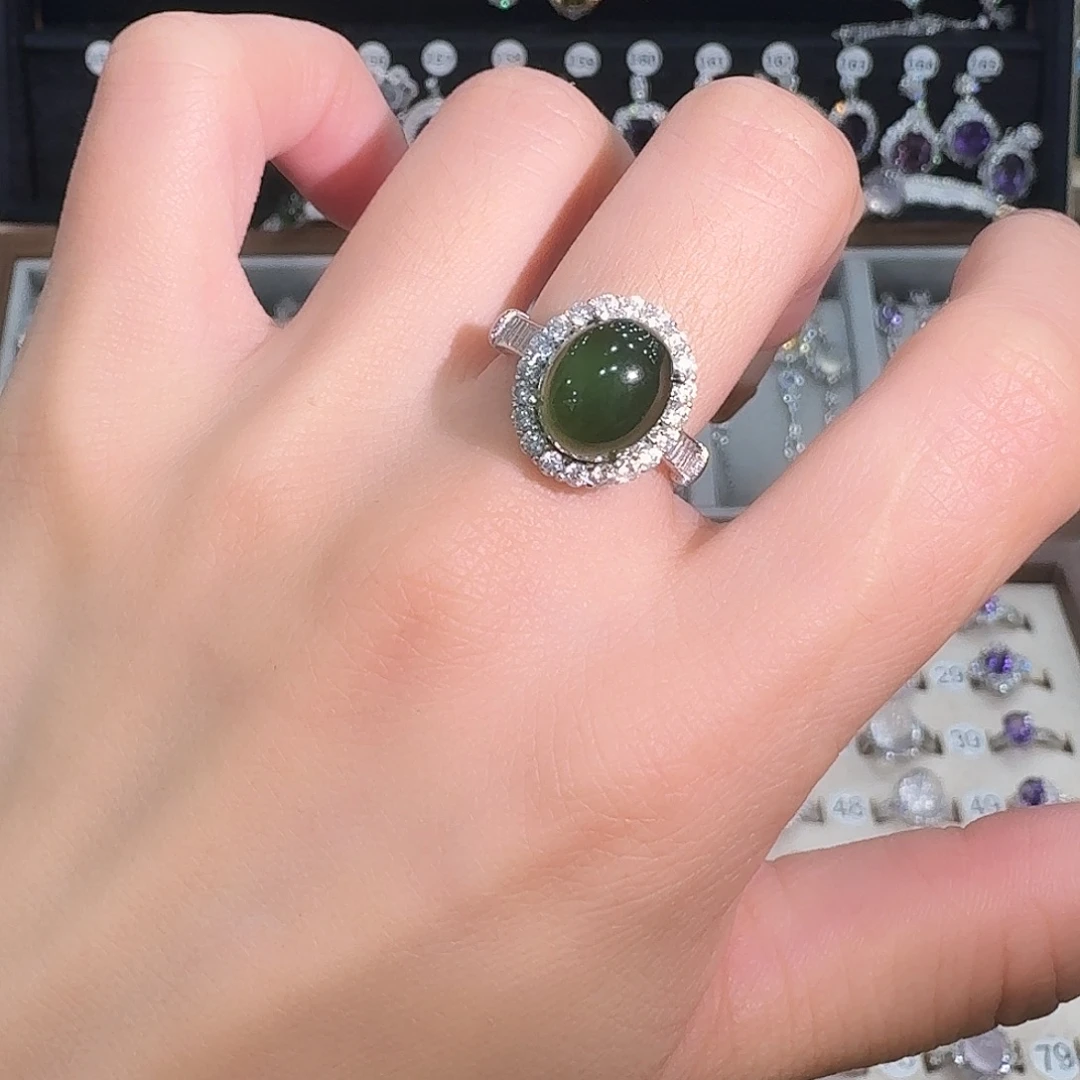 蛇纹石玉银S925镶嵌戒指