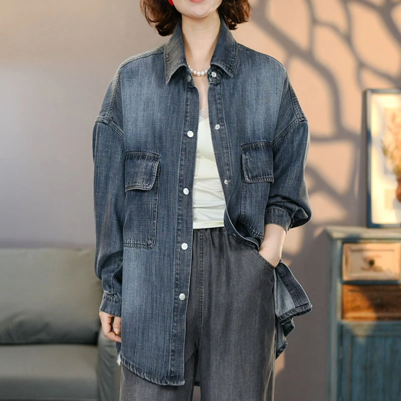 8778黑2025夏季新款天丝长袖牛仔衬衫女显瘦休闲水洗透气上衣
