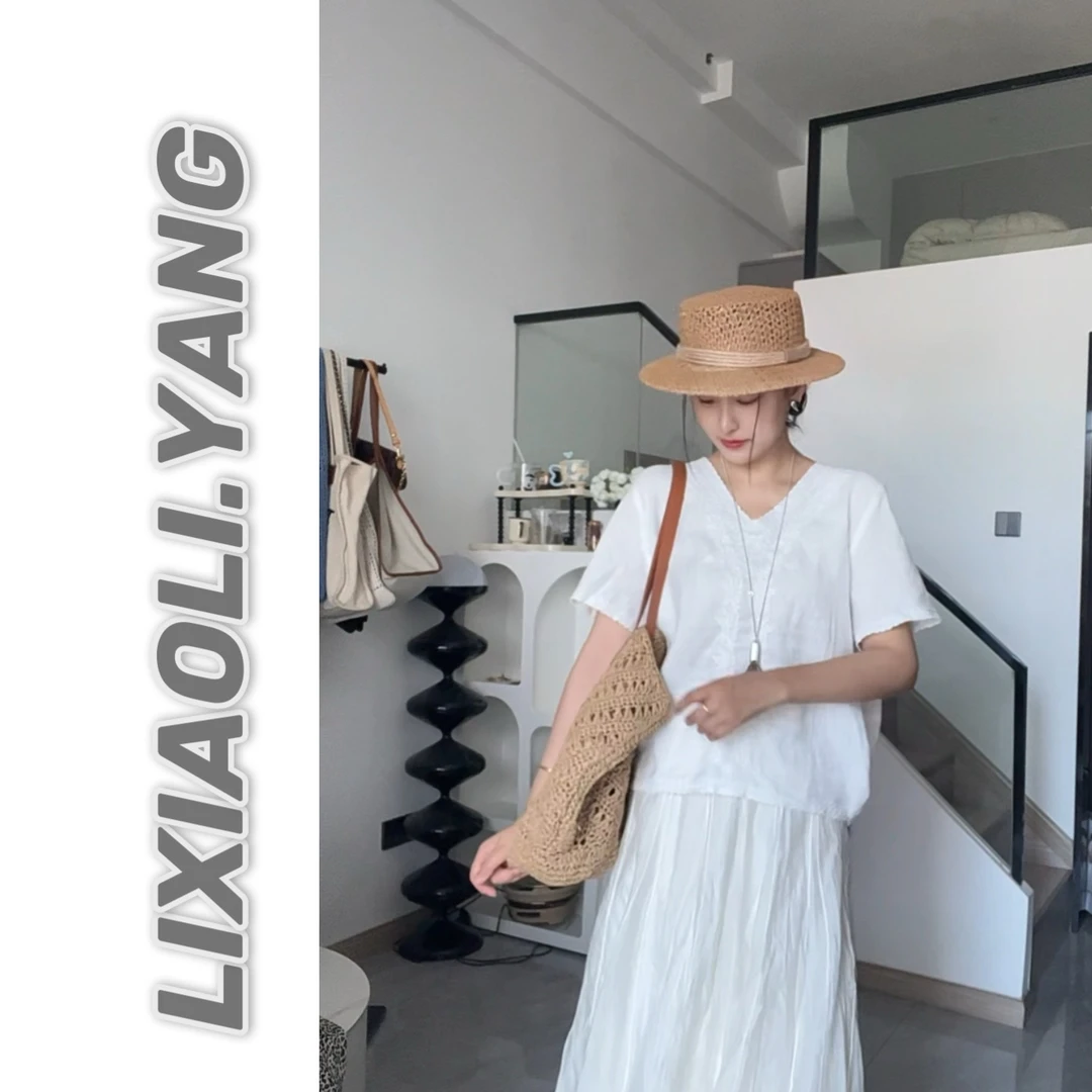 复古感V领蕾丝刺绣边国风麻衬衫短袖上衣