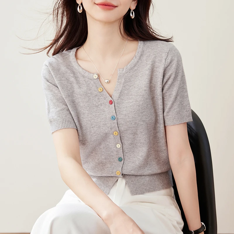 休闲针织衫女夏季短款短袖外搭韩版显瘦开衫洋气百搭薄款小衫修身