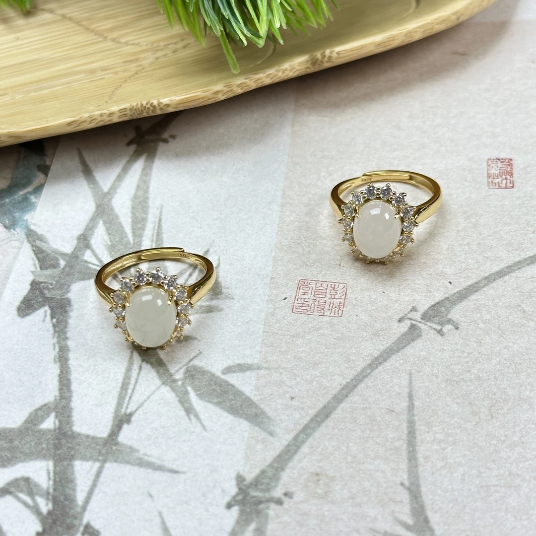 BY12和田玉白玉豪镶S925银镶戒指8*10mm+多样性发其一