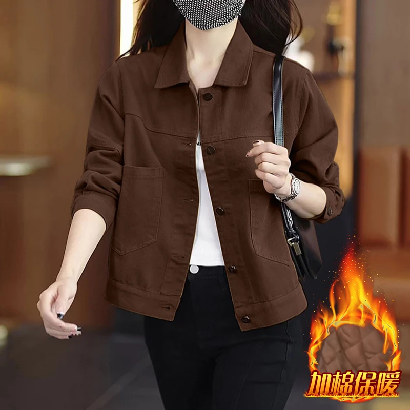 纯棉时尚短外套女2026年春秋新款加绒加厚小个子洋气减龄夹克上衣