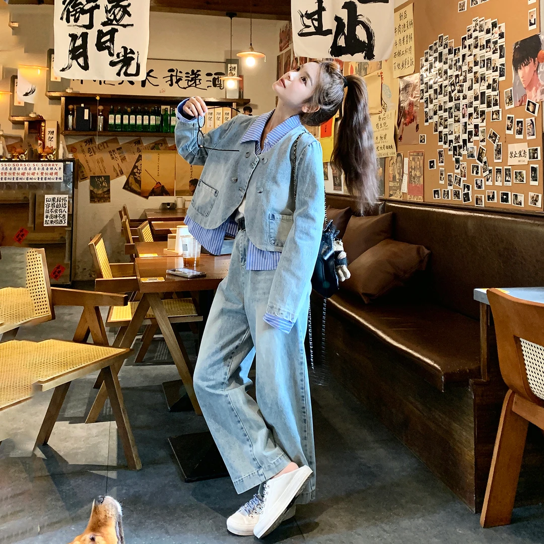 早秋设计感条纹衬衫拼接牛仔套装女2025新款冷淡系减龄一整套穿搭